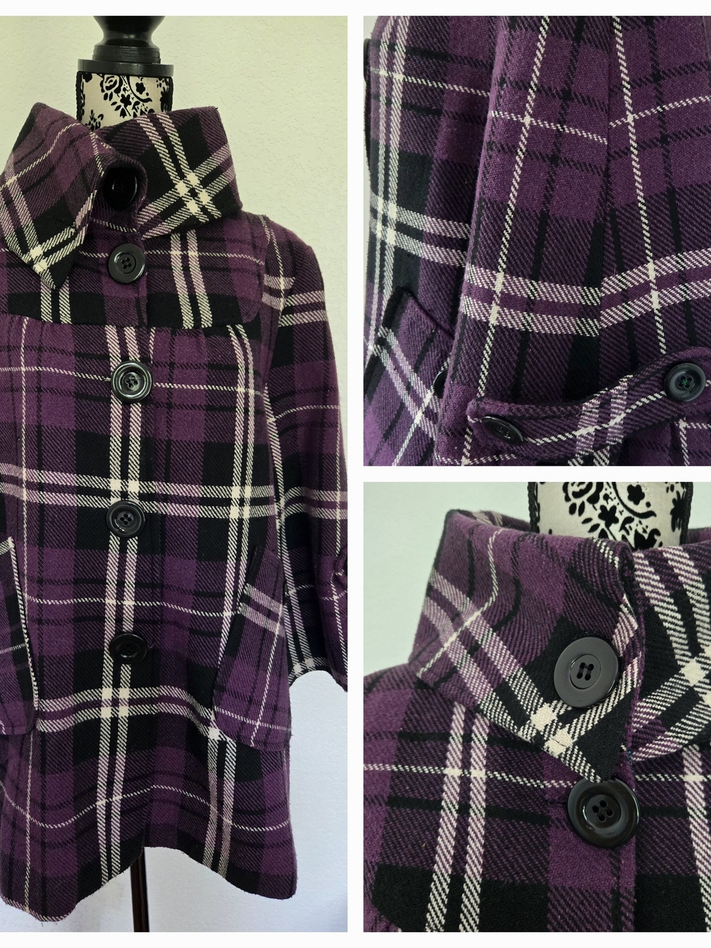 last kiss Purple & Black Plaid Pea Coat with Button Front